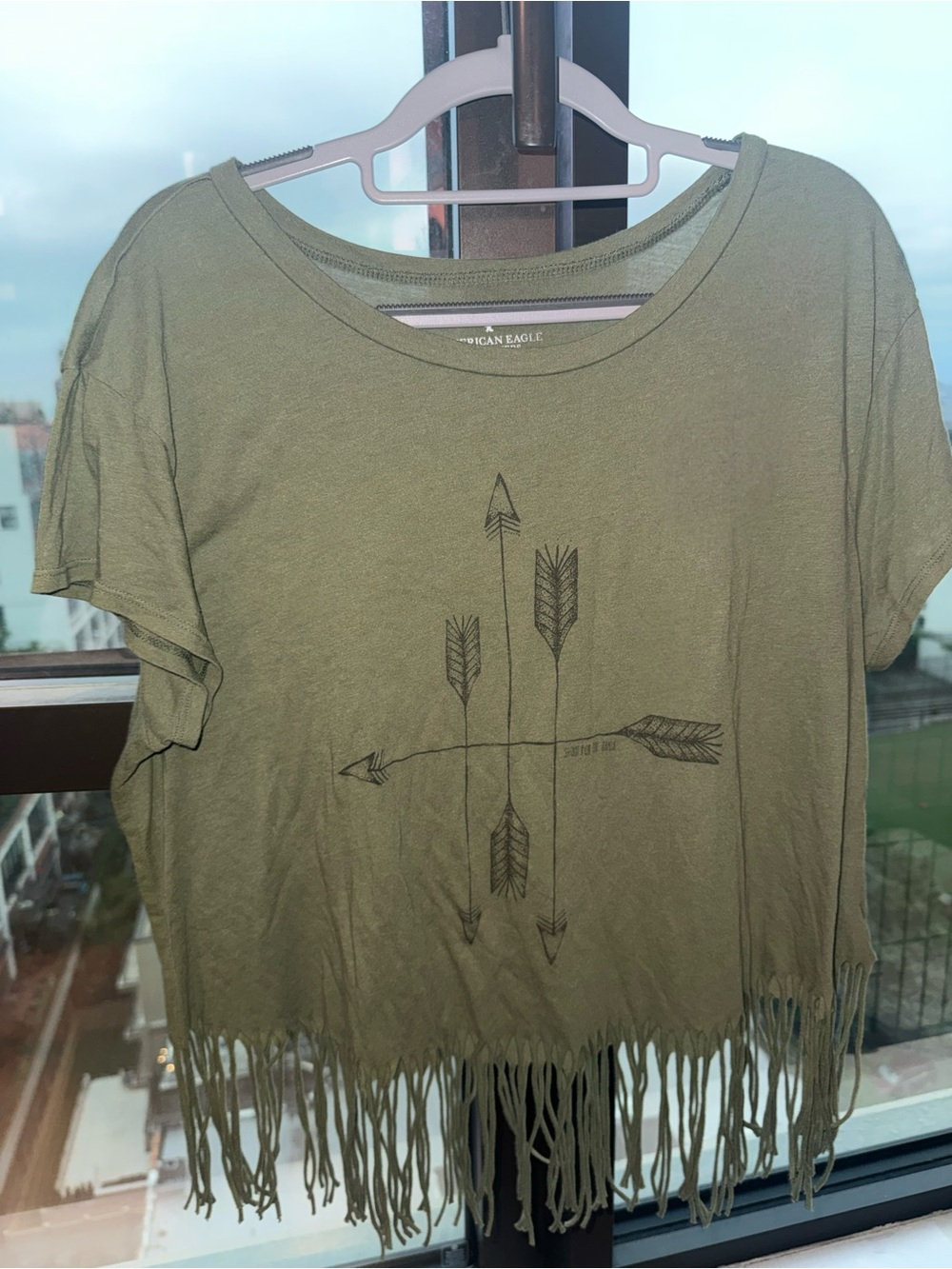 American Eagle Outfitters Olive Green Fringe Arrow Crop Top